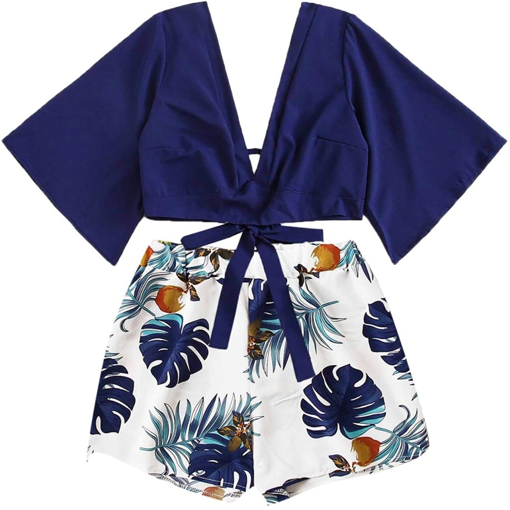 Two-Piece Set - Boho Butterfly Crop Top + High Waist Shorts